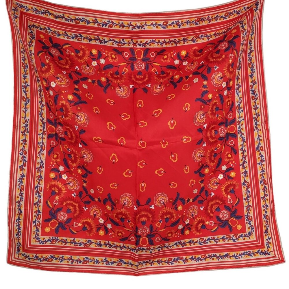 Vintage 70s Scarf Red Multicolor Floral Folk Art Print 26" Square